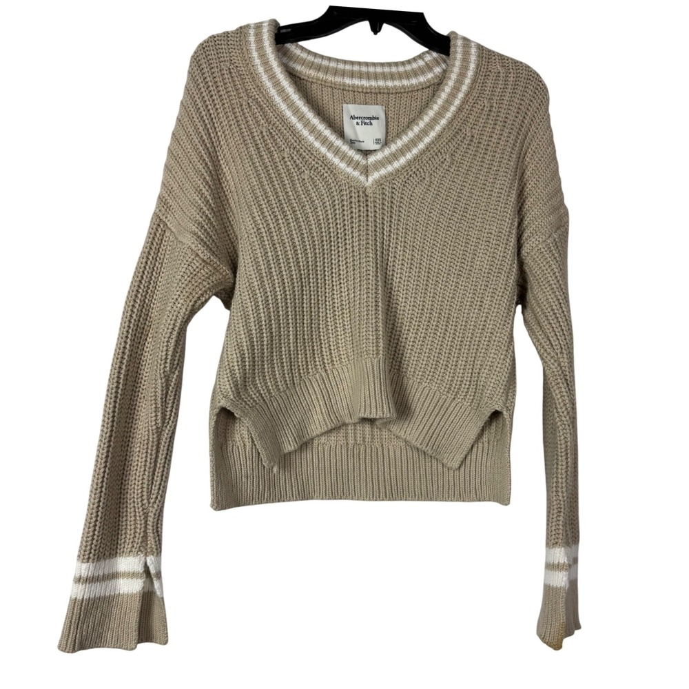 Abercrombie Fitch‎ Tipped Ribbed V Neck Sweater Light Brown XXS Striped Collar